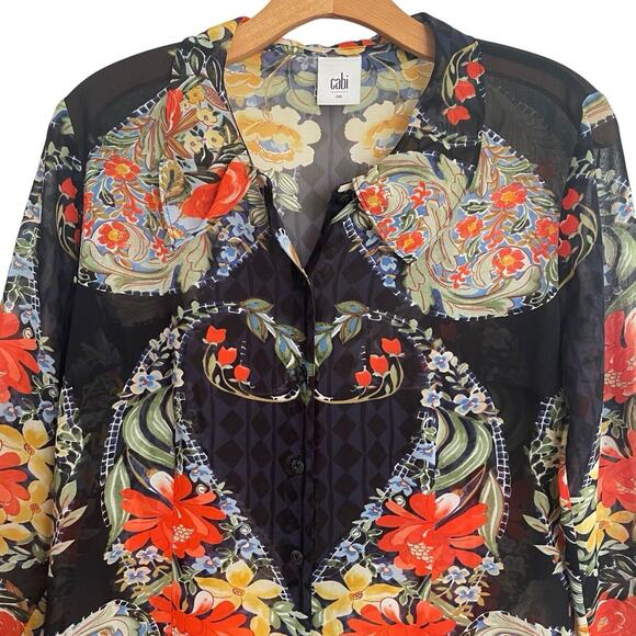 Cabi Blouse Size Small Amour Floral Heart Navy Blue Button Up Shirt Romantic - Picture 3 of 9